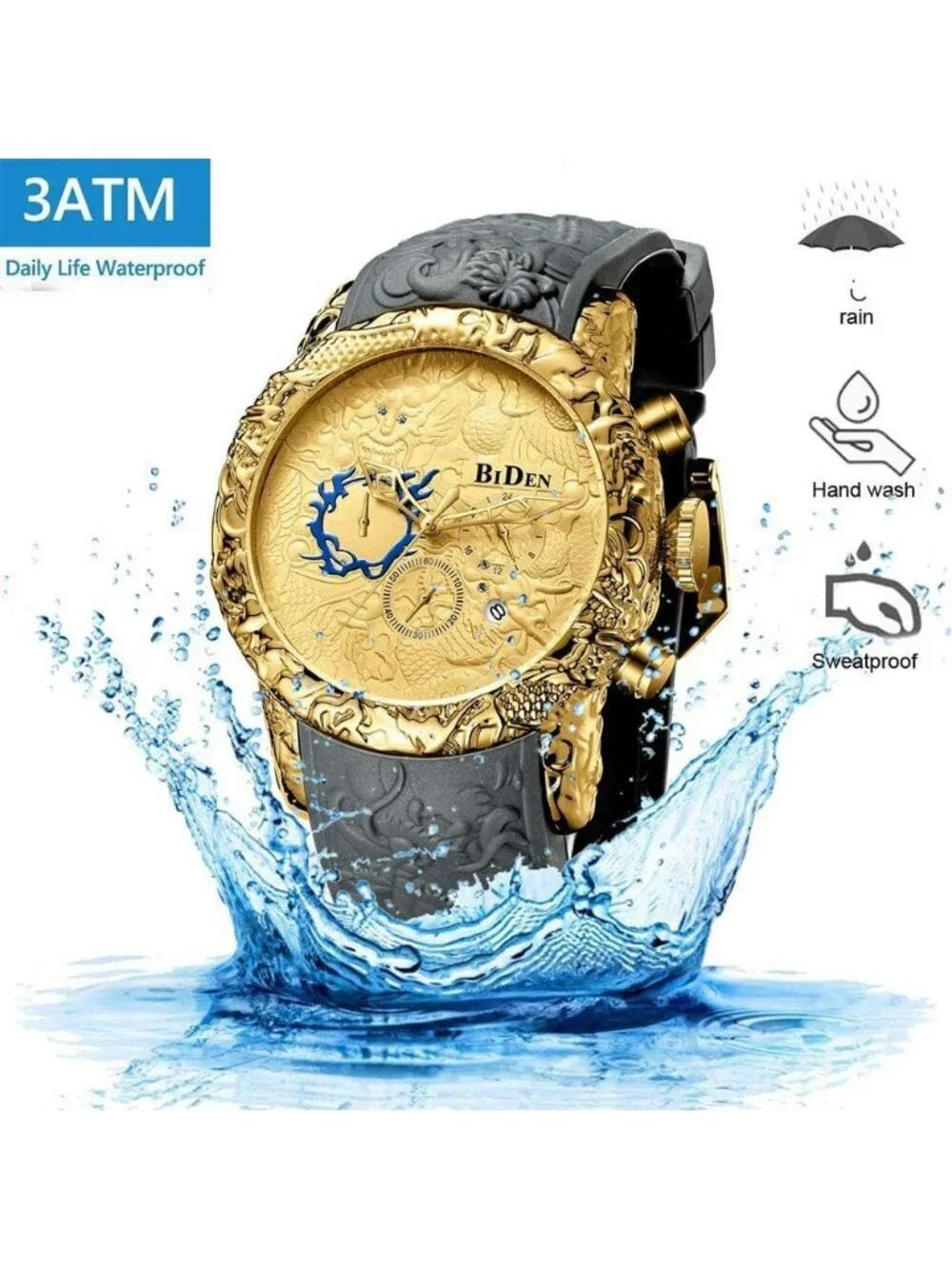 Men's Grey Gold Analog Quartz Big Dial 3D Sculpture Dragon Luxury Wrist Watch